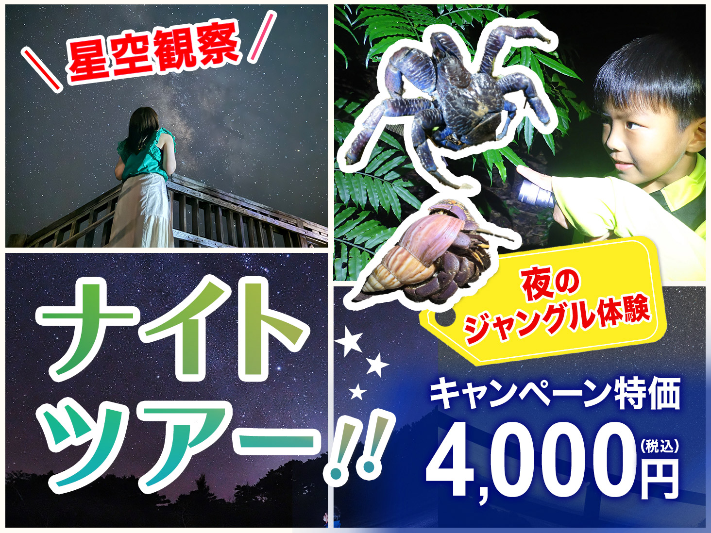 【宮古島ナイトツアー】ヤシガニ・フクロウに出会う夜のジャングル探検＆星空観察｜懐中電灯・虫除けスプレー無料！3歳以下無料！